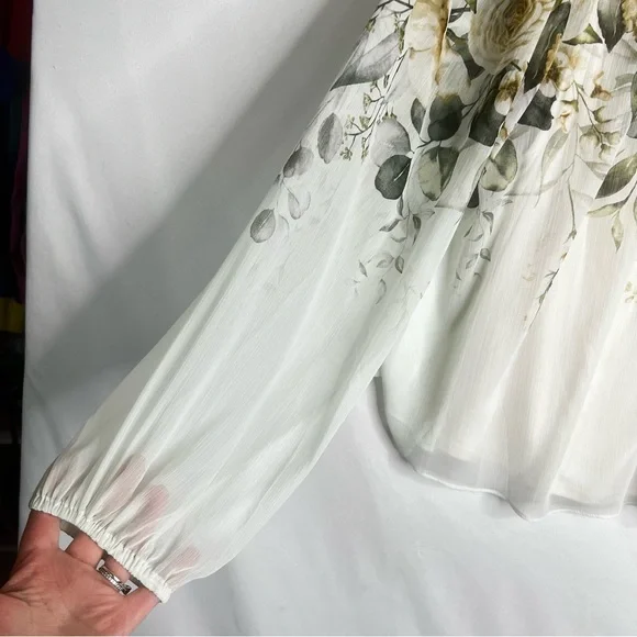 NWT Rachel Zoe Sheer Long Sleeve Blouse Ruffle Neck Floral Sz L Flowy Romantic - Picture 3 of 7